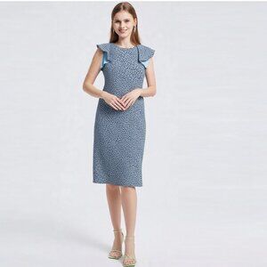 Lands' End Floral Dress Stretch Ruffle Sleeve Ditsy Flower Zip Back Stretch Blue